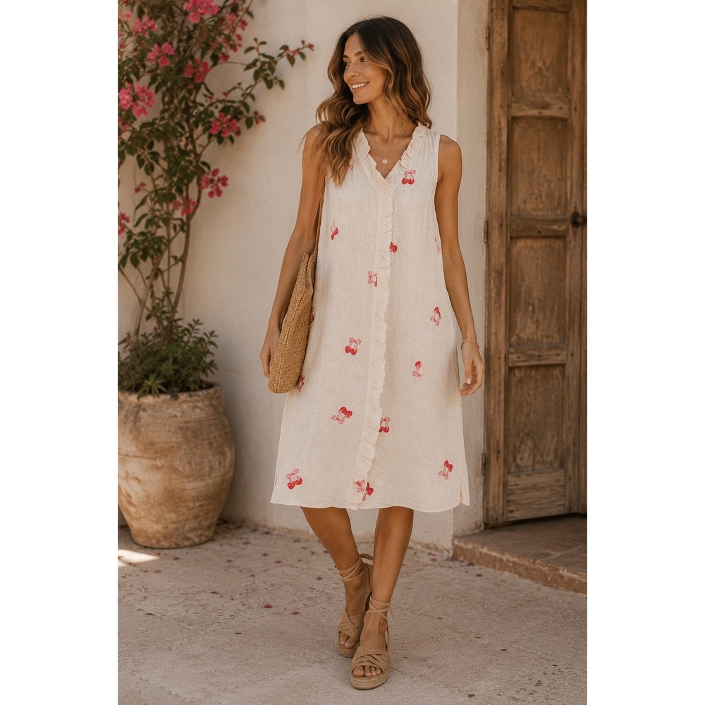 Bellambra Italy Linen Cherry Bow Print Ruffle Midi Dress Cream Womens Small